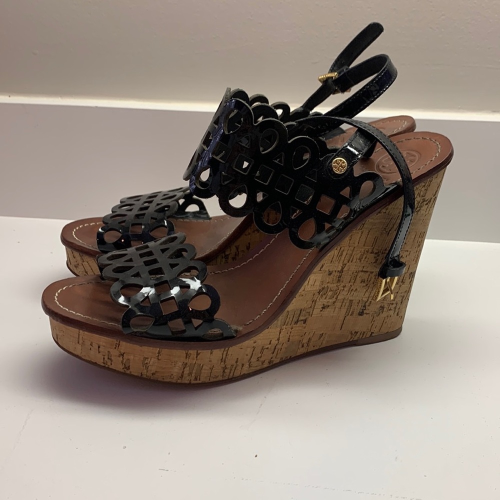 Black Paten Leather Tory Burch Wedges